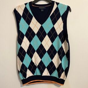 Brooks Brothers Men’s L Argyle Sweater Vest Navy V-Neck Cotton Wool 21x26